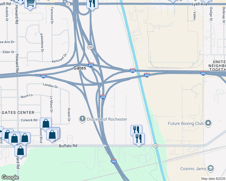 map of restaurants, bars, coffee shops, grocery stores, and more near 115 Dearcop Drive in Rochester