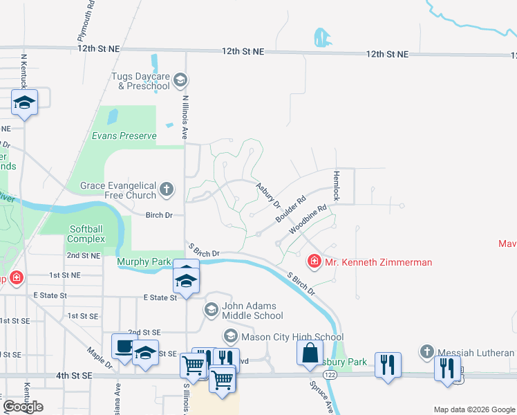 map of restaurants, bars, coffee shops, grocery stores, and more near 5 Boulder Road in Mason City