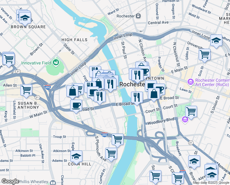map of restaurants, bars, coffee shops, grocery stores, and more near 44 Exchange Boulevard in Rochester