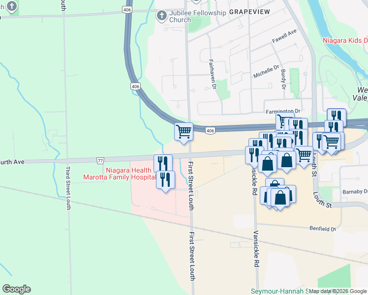 map of restaurants, bars, coffee shops, grocery stores, and more near 1179 Fourth Avenue in St. Catharines
