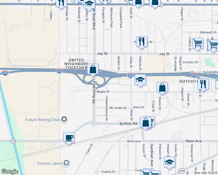 map of restaurants, bars, coffee shops, grocery stores, and more near 209 Independence Street in Rochester