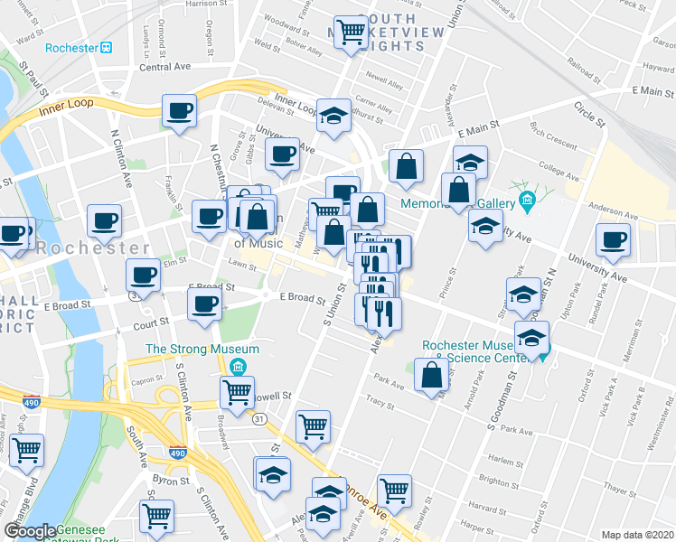 map of restaurants, bars, coffee shops, grocery stores, and more near 270 East Avenue in Rochester