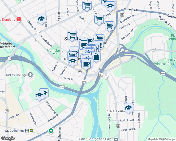map of restaurants, bars, coffee shops, grocery stores, and more near 32 Saint Paul Street in St. Catharines