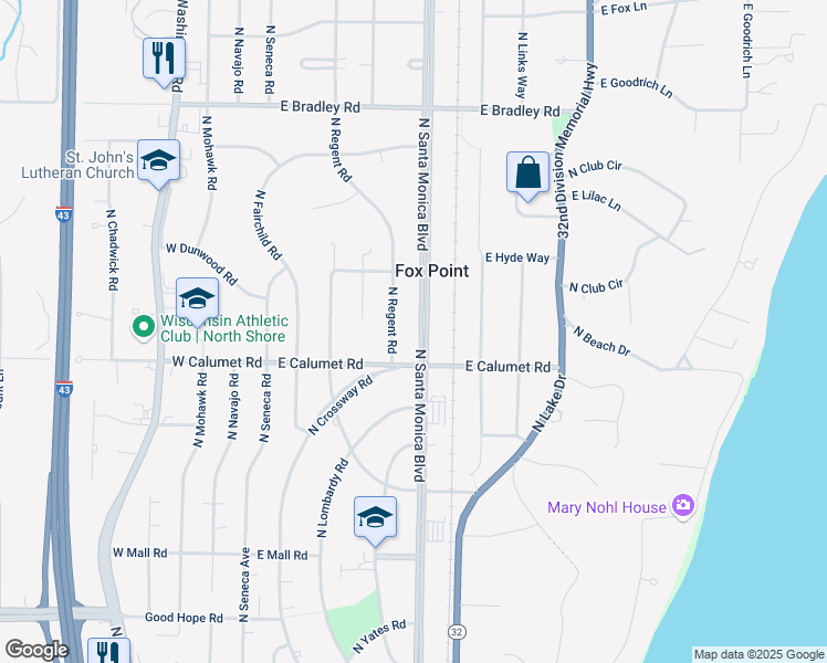 map of restaurants, bars, coffee shops, grocery stores, and more near 7642 North Regent Road in Fox Point