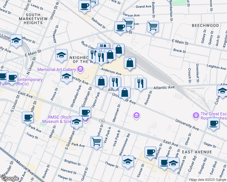 map of restaurants, bars, coffee shops, grocery stores, and more near 21 Delaware Street in Rochester