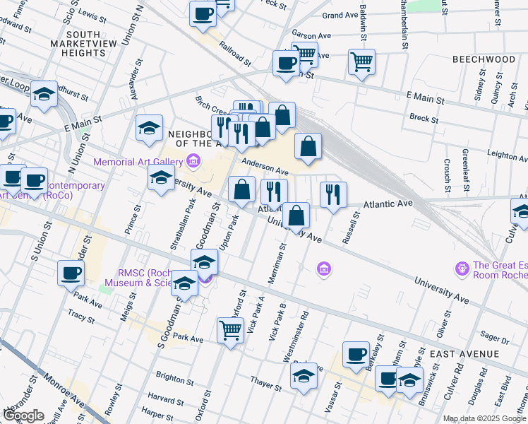 map of restaurants, bars, coffee shops, grocery stores, and more near 25 Beacon Street in Rochester