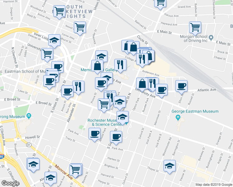 map of restaurants, bars, coffee shops, grocery stores, and more near 517 University Avenue in Rochester
