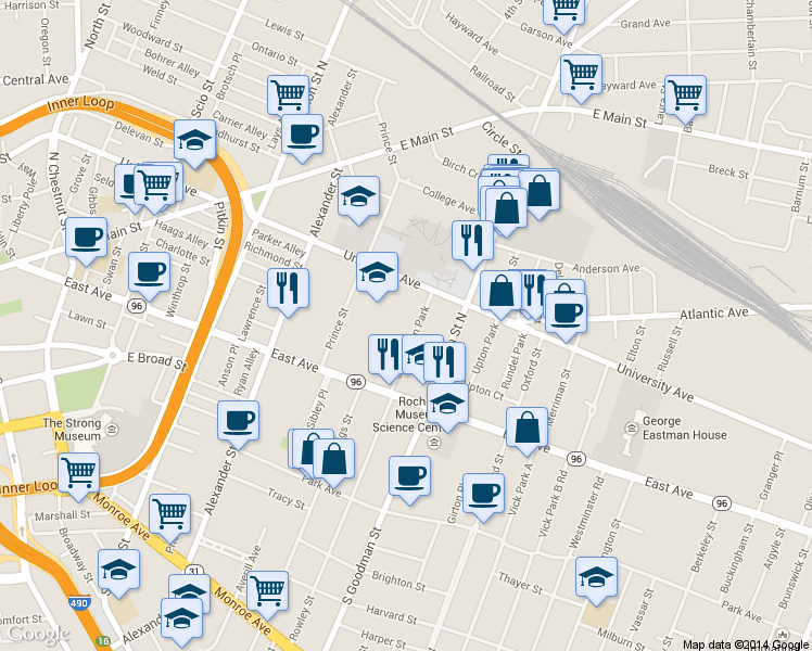 map of restaurants, bars, coffee shops, grocery stores, and more near 517 University Avenue in Rochester