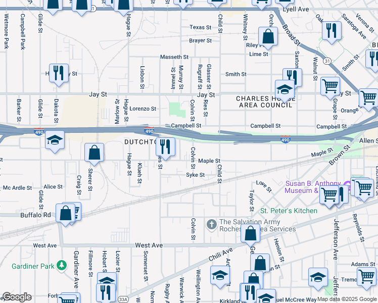 map of restaurants, bars, coffee shops, grocery stores, and more near 289 Colvin Street in Rochester