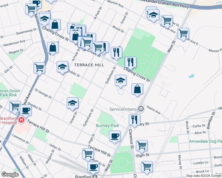 map of restaurants, bars, coffee shops, grocery stores, and more near 213 Sydenham Street in Brantford