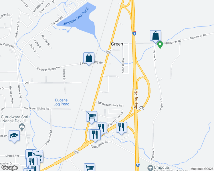 map of restaurants, bars, coffee shops, grocery stores, and more near 169 Meadowbrook Street in Roseburg