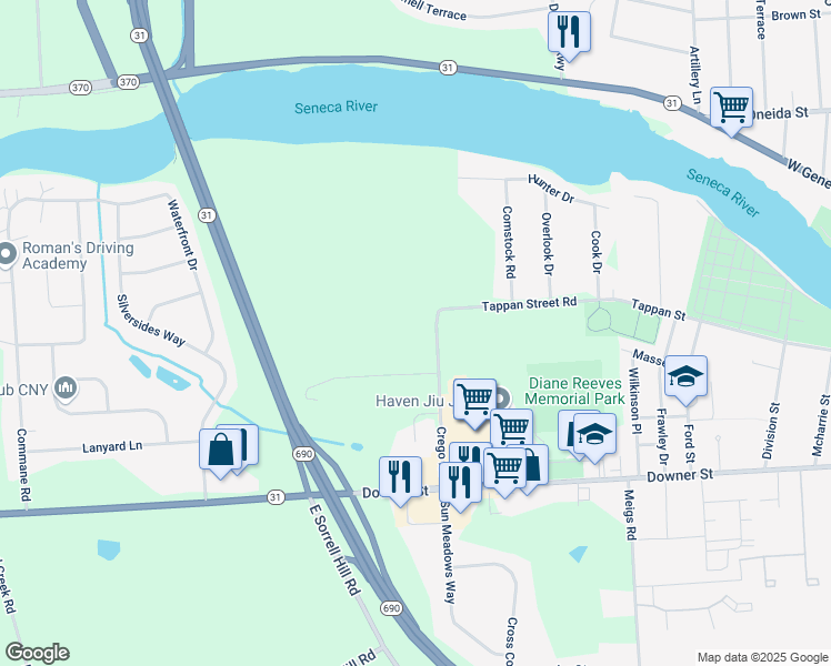 map of restaurants, bars, coffee shops, grocery stores, and more near 7979 Crego Road in Baldwinsville