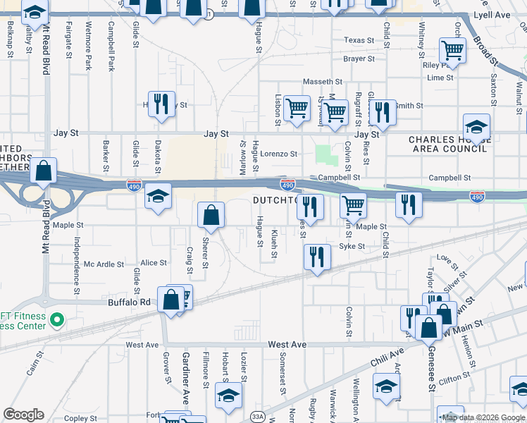map of restaurants, bars, coffee shops, grocery stores, and more near 282 Hague Street in Rochester