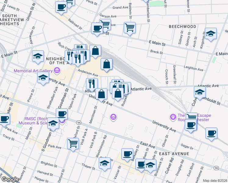 map of restaurants, bars, coffee shops, grocery stores, and more near 1 Norwood Street in Rochester