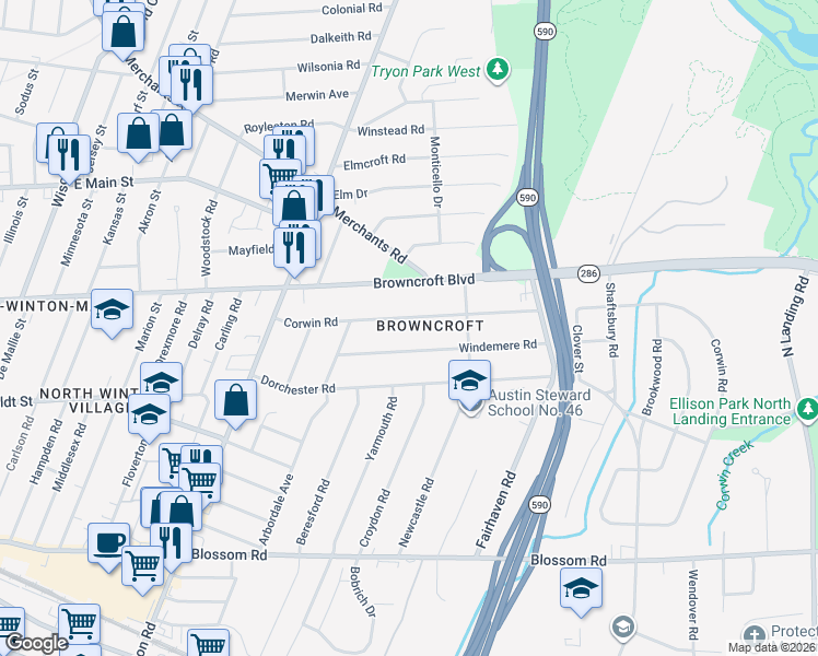 map of restaurants, bars, coffee shops, grocery stores, and more near 184 Corwin Road in Rochester