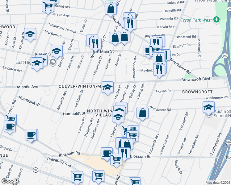 map of restaurants, bars, coffee shops, grocery stores, and more near 357 Marion Street in Rochester