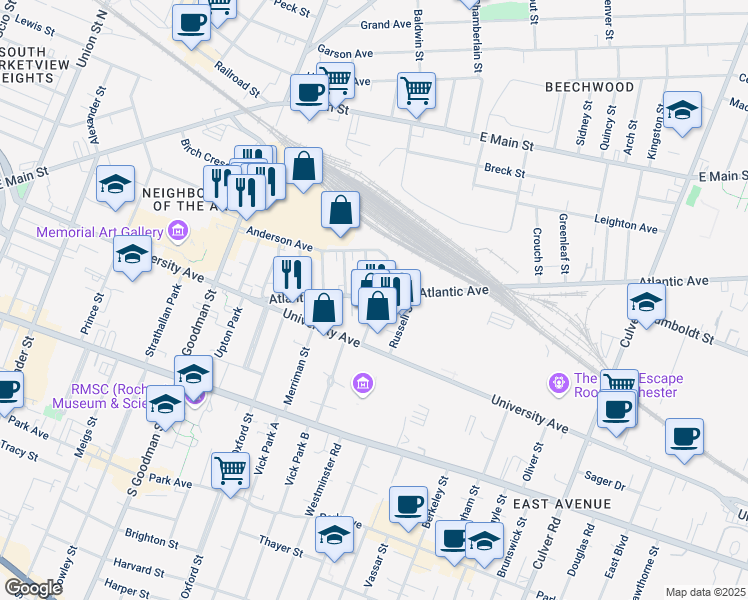 map of restaurants, bars, coffee shops, grocery stores, and more near 1 Norwood Street in Rochester