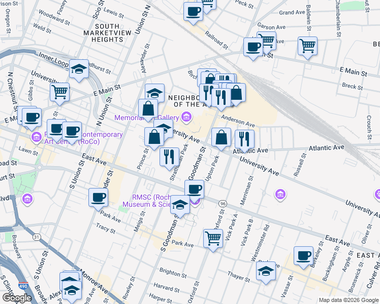map of restaurants, bars, coffee shops, grocery stores, and more near 571 University Avenue in Rochester