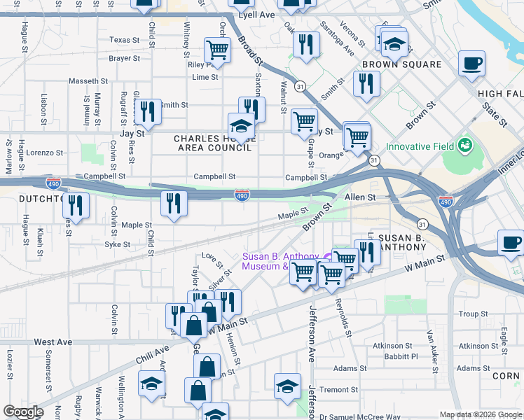 map of restaurants, bars, coffee shops, grocery stores, and more near 153 Wilder Street in Rochester