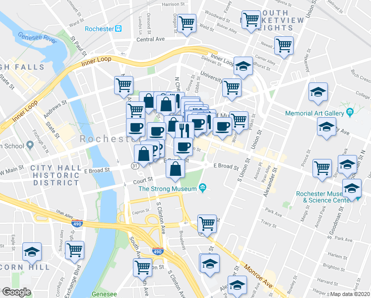 map of restaurants, bars, coffee shops, grocery stores, and more near in Rochester