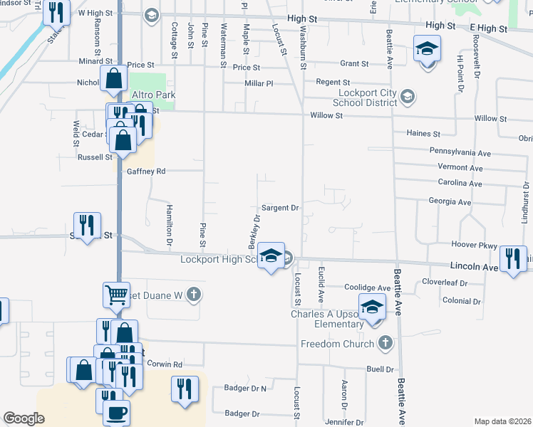map of restaurants, bars, coffee shops, grocery stores, and more near 12 Berkley Drive in Lockport