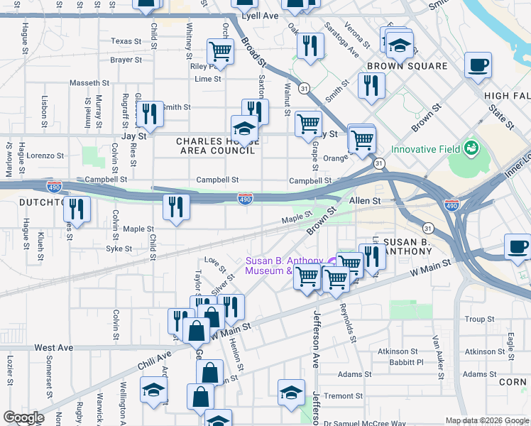 map of restaurants, bars, coffee shops, grocery stores, and more near 153 Wilder Street in Rochester