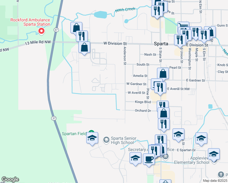 map of restaurants, bars, coffee shops, grocery stores, and more near 278 Blossom Drive in Sparta