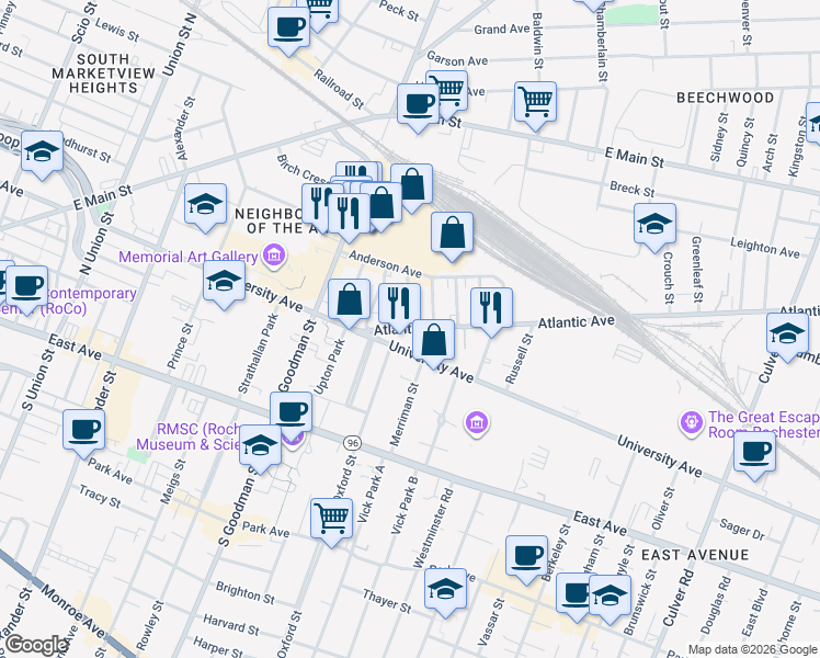 map of restaurants, bars, coffee shops, grocery stores, and more near Atlantic Avenue & Delaware Street in Rochester