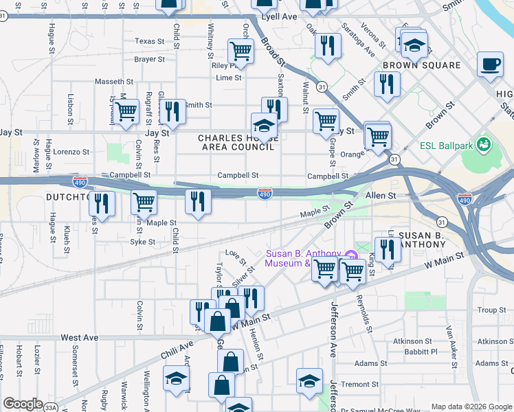map of restaurants, bars, coffee shops, grocery stores, and more near 203 Wilder Street in Rochester