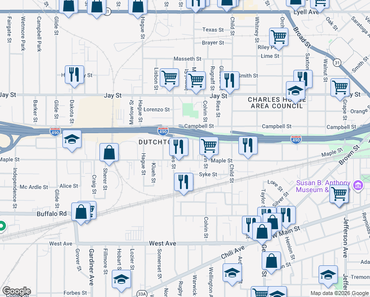 map of restaurants, bars, coffee shops, grocery stores, and more near 58 Cedar Street in Rochester