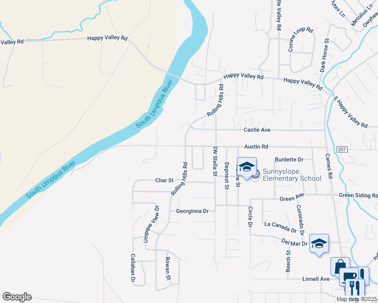 map of restaurants, bars, coffee shops, grocery stores, and more near 1610 Rolling Hills Road in Roseburg