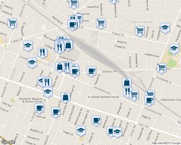map of restaurants, bars, coffee shops, grocery stores, and more near 1 Norwood Street in Rochester