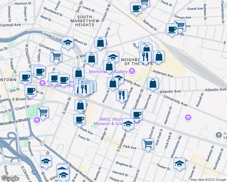 map of restaurants, bars, coffee shops, grocery stores, and more near 10 Prince Street in Rochester
