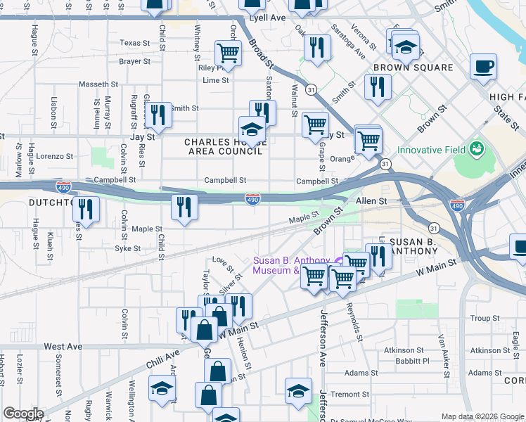 map of restaurants, bars, coffee shops, grocery stores, and more near 153 Wilder Street in Rochester