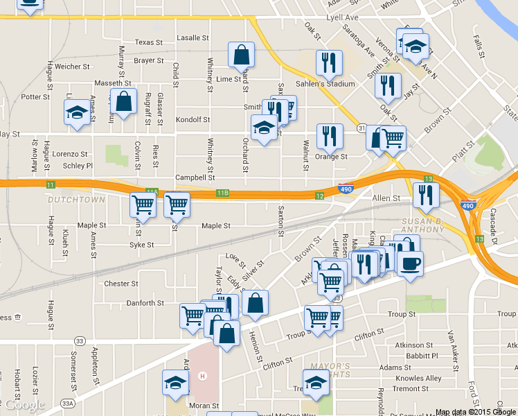 map of restaurants, bars, coffee shops, grocery stores, and more near 203 Wilder Street in Rochester