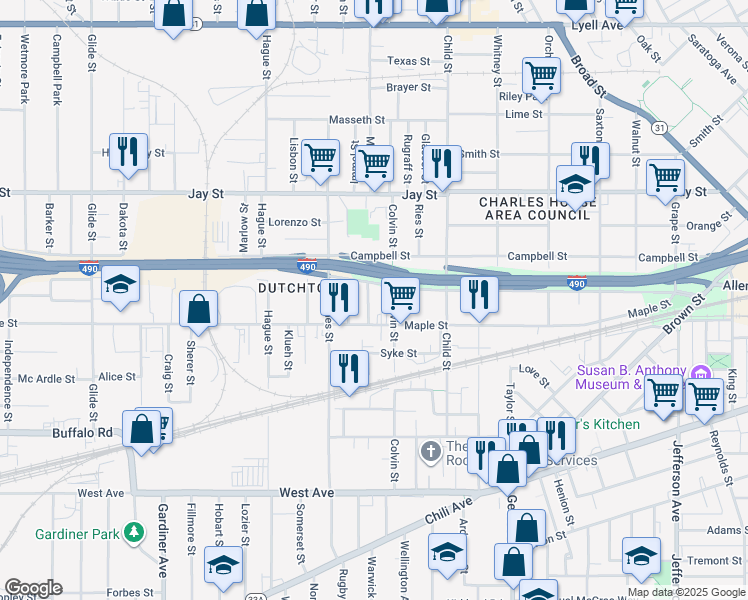map of restaurants, bars, coffee shops, grocery stores, and more near 289 Colvin Street in Rochester
