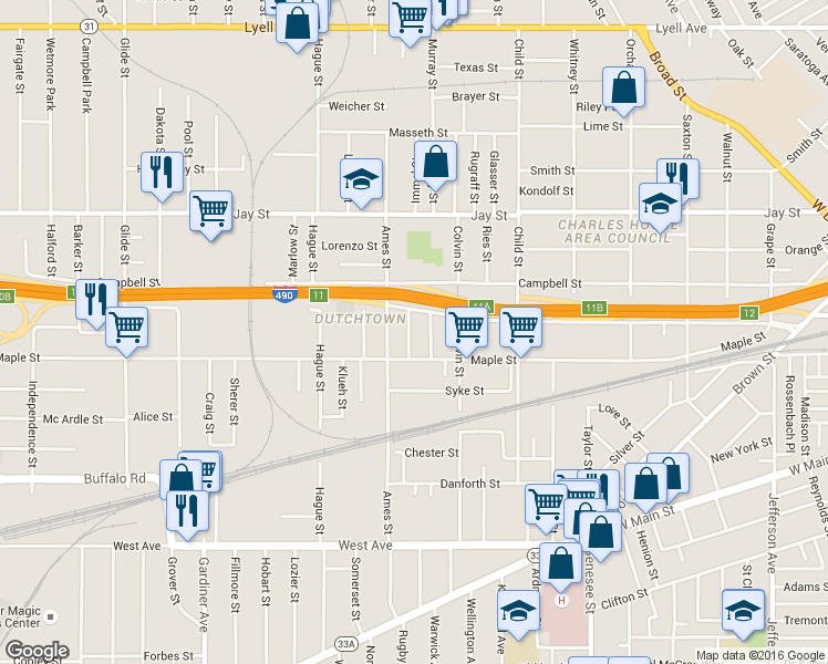map of restaurants, bars, coffee shops, grocery stores, and more near 58 Cedar Street in Rochester