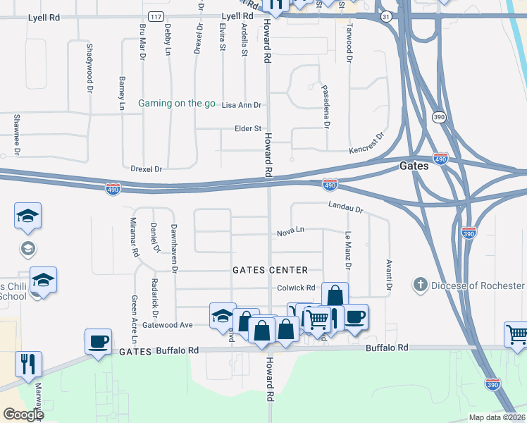 map of restaurants, bars, coffee shops, grocery stores, and more near 401 Howard Road in Rochester