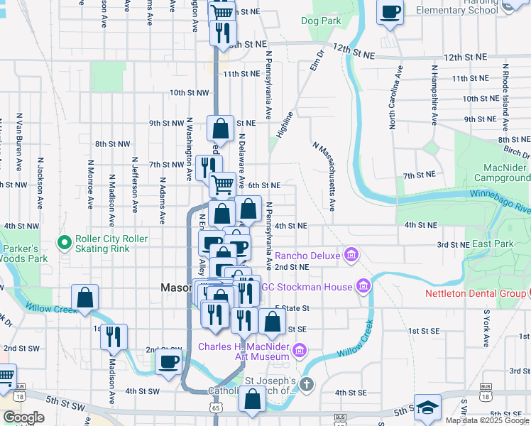 map of restaurants, bars, coffee shops, grocery stores, and more near 130 5th Street Northeast in Mason City