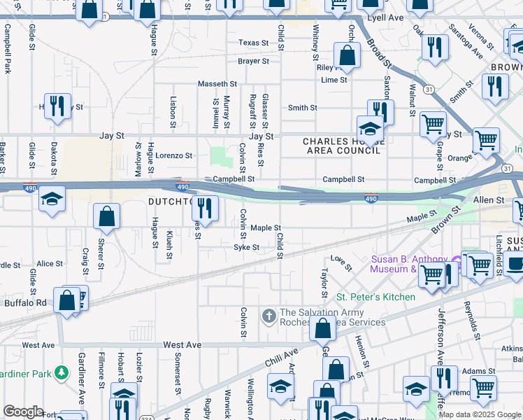 map of restaurants, bars, coffee shops, grocery stores, and more near 415 Wilder Street in Rochester