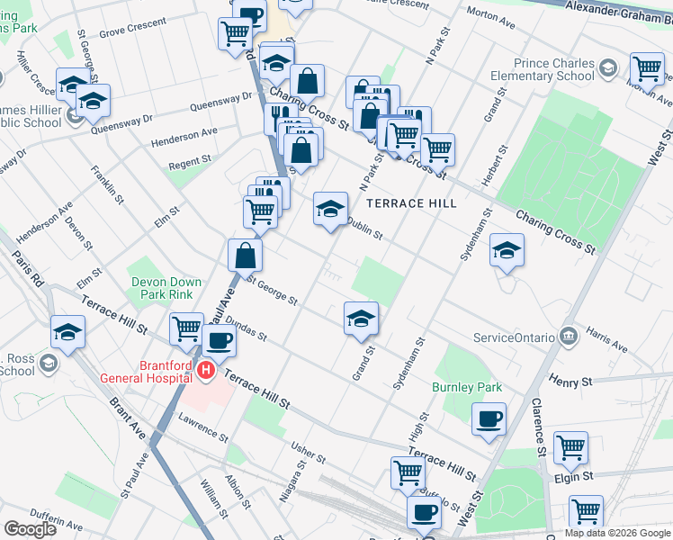 map of restaurants, bars, coffee shops, grocery stores, and more near 57 North Park Street in Brantford