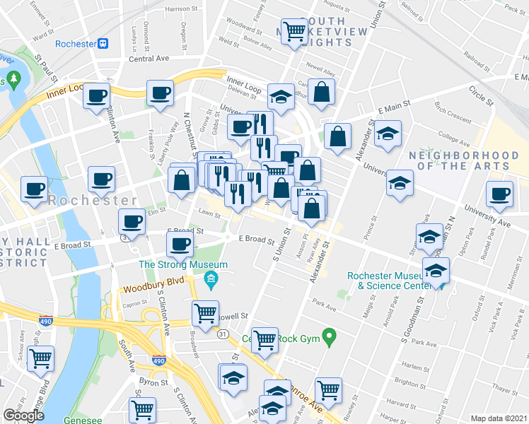 map of restaurants, bars, coffee shops, grocery stores, and more near 25 Winthrop Street in Rochester