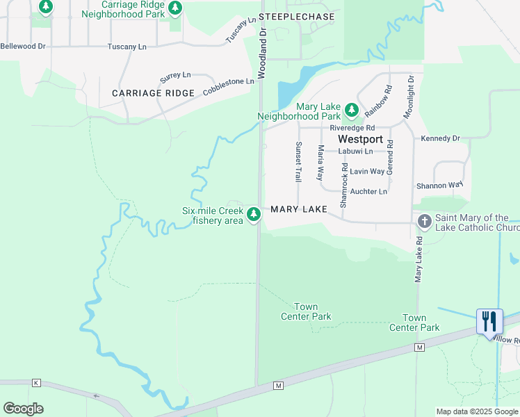 map of restaurants, bars, coffee shops, grocery stores, and more near 6590 Mary Lake Road in Waunakee