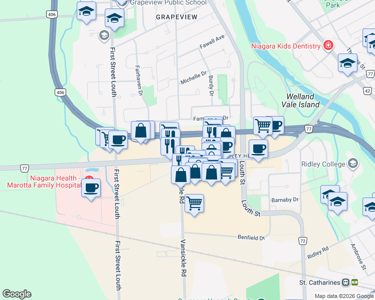 map of restaurants, bars, coffee shops, grocery stores, and more near 466-478 Vansickle Rd in St Catharines