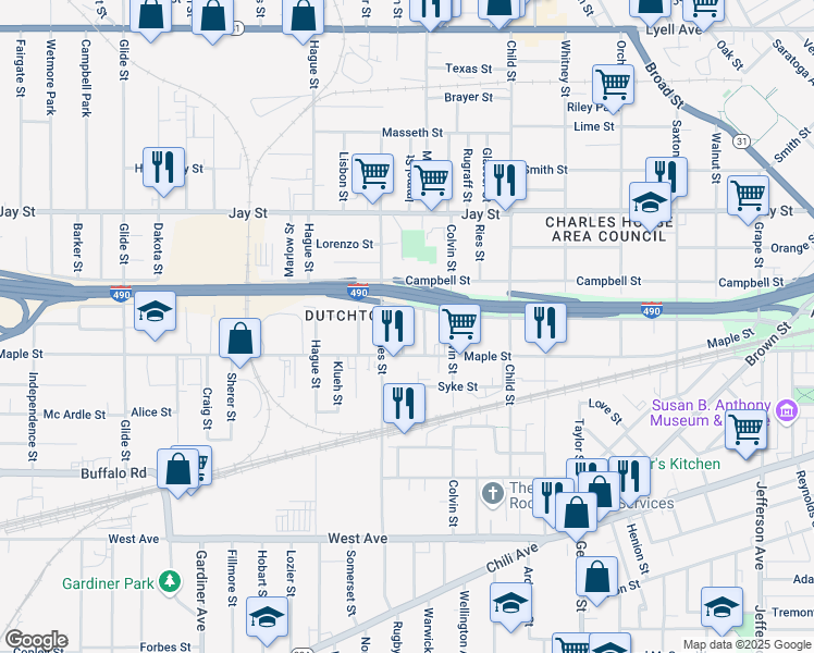 map of restaurants, bars, coffee shops, grocery stores, and more near 58 Cedar Street in Rochester