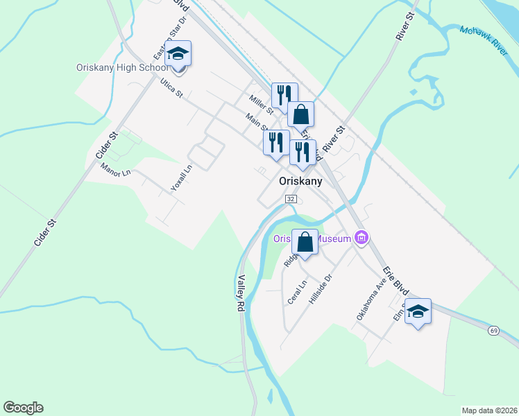 map of restaurants, bars, coffee shops, grocery stores, and more near 120 Denbeigh Avenue in Oriskany