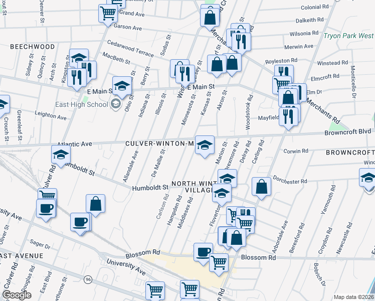 map of restaurants, bars, coffee shops, grocery stores, and more near 965 Atlantic Avenue in Rochester