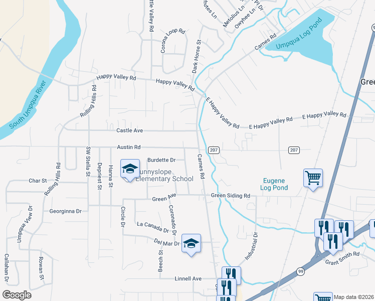 map of restaurants, bars, coffee shops, grocery stores, and more near 1962 Austin Road in Roseburg