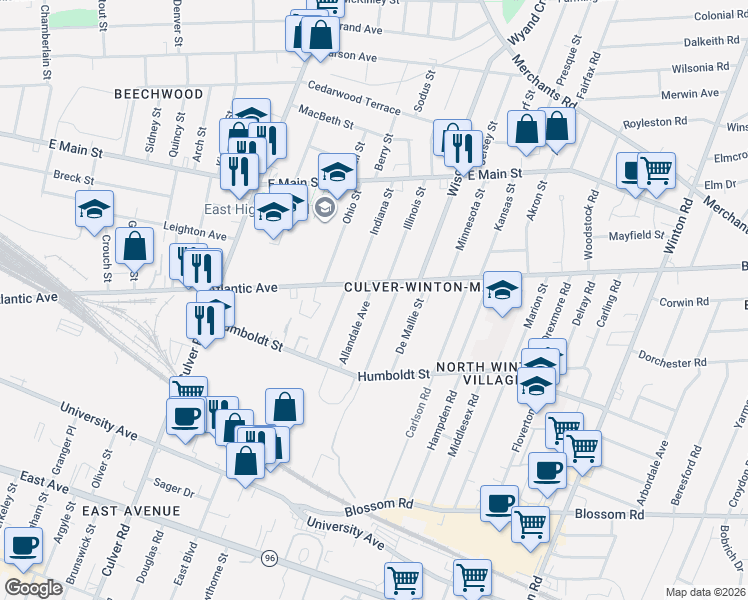 map of restaurants, bars, coffee shops, grocery stores, and more near 799 Atlantic Avenue in Rochester