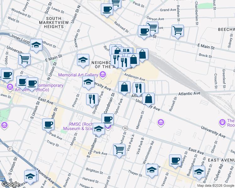 map of restaurants, bars, coffee shops, grocery stores, and more near 160 North Goodman Street in Rochester